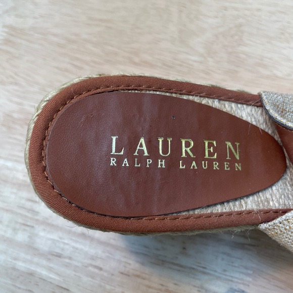Lauren Ralph Lauren Candice Wedge Sandals Gold Linen Brown Espadrille 8.5B - Picture 7 of 10